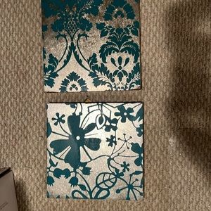 Printed metallic and teal wall art